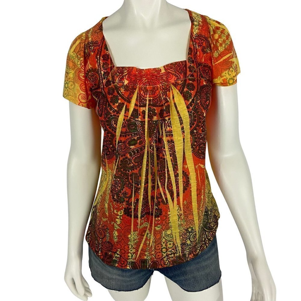 One World Live & Let Live Women's Blouse Top Size S Short Sleeve Square Neck